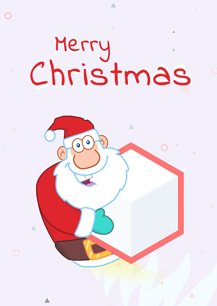 Russ's Christmas Card - A cartoon father christmas holding the Lighthouse hexagon shape