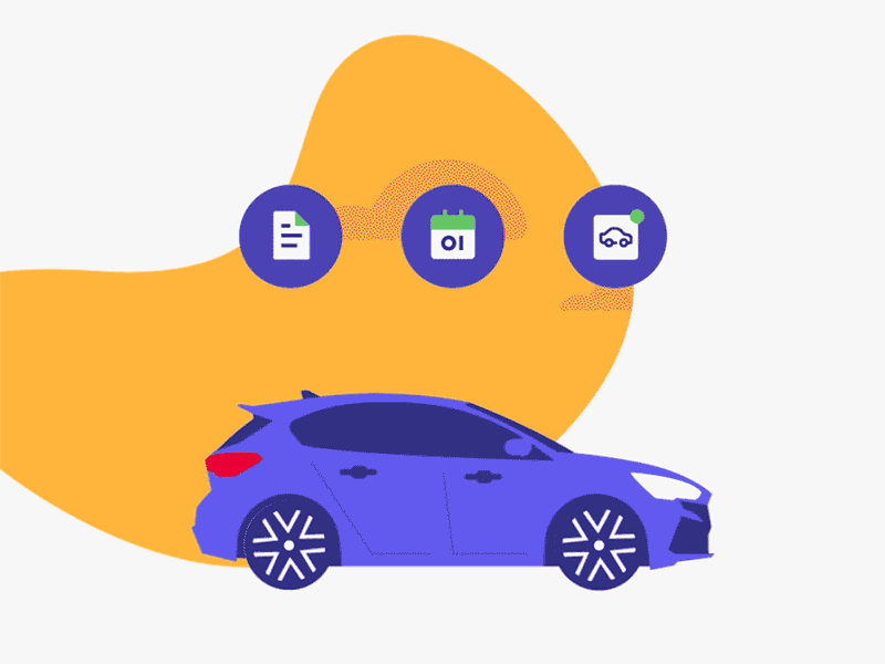 A purple car arrives on screen from the left. 3 Icons from the UI appear above.