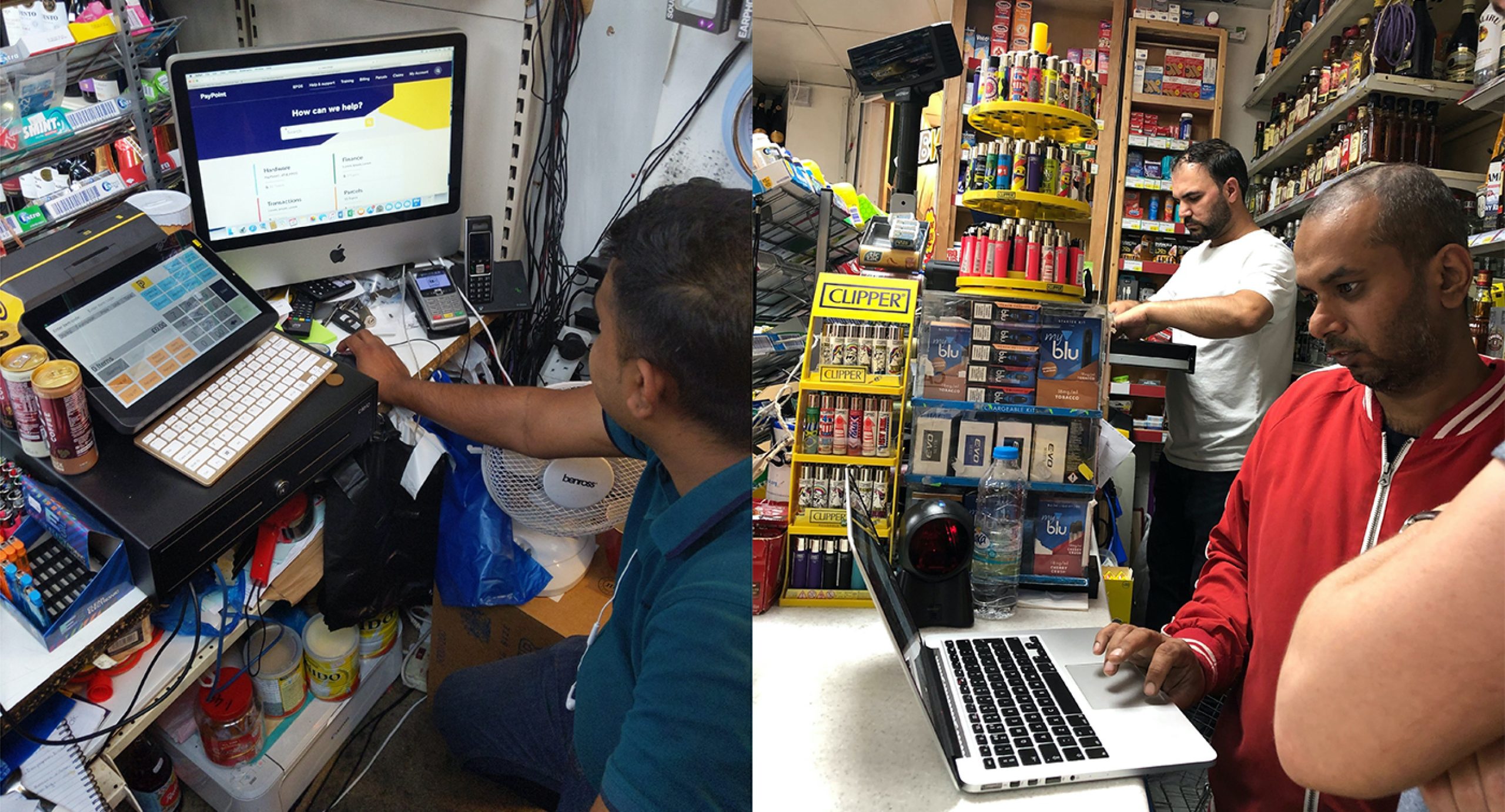 Two photos of users in shops testing the product. Both of them are in cramped conditions behind their counters.