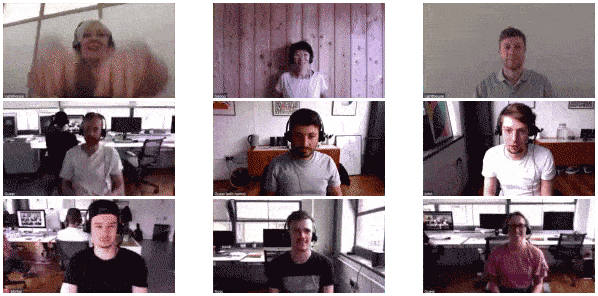A gif of nine members of the team performing a virtual mexican wave from their seperate locations