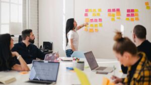 people in a meeting with a white board with sticky notes