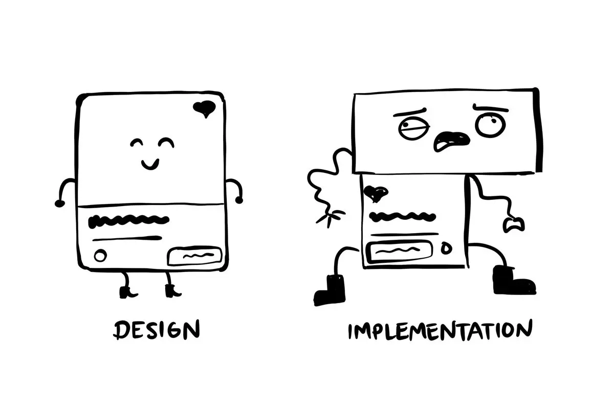 A drawing by Pablo Stanley of 'design' - a happy, neat UI cartoon with legs, and 'implementation', a messy, sad UI with legs