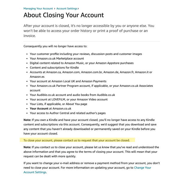 A screenshot of Amazon's 'about closing your account' page