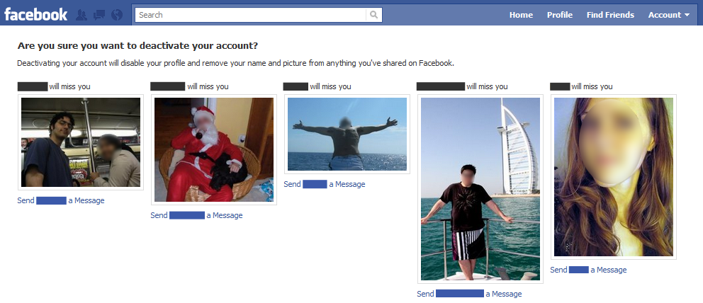 A screenshot of facebook's 'these people will miss you' guilt-inducing page