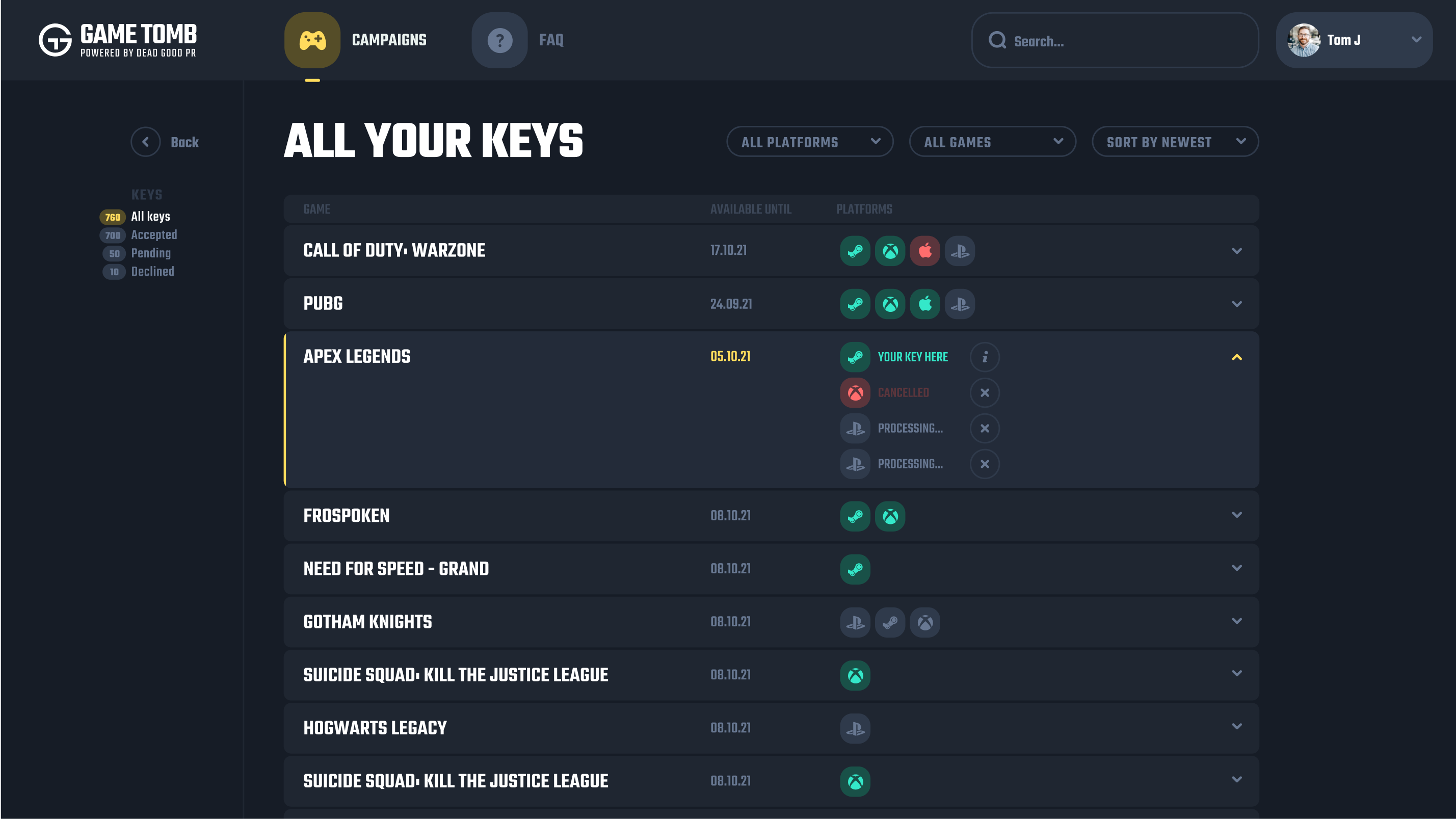 A screen showing all the keys a user has access to