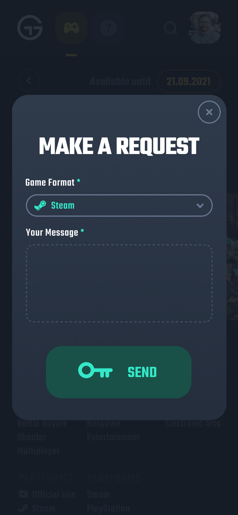 a mobile screen entitled 'make a request' where users can request game keys