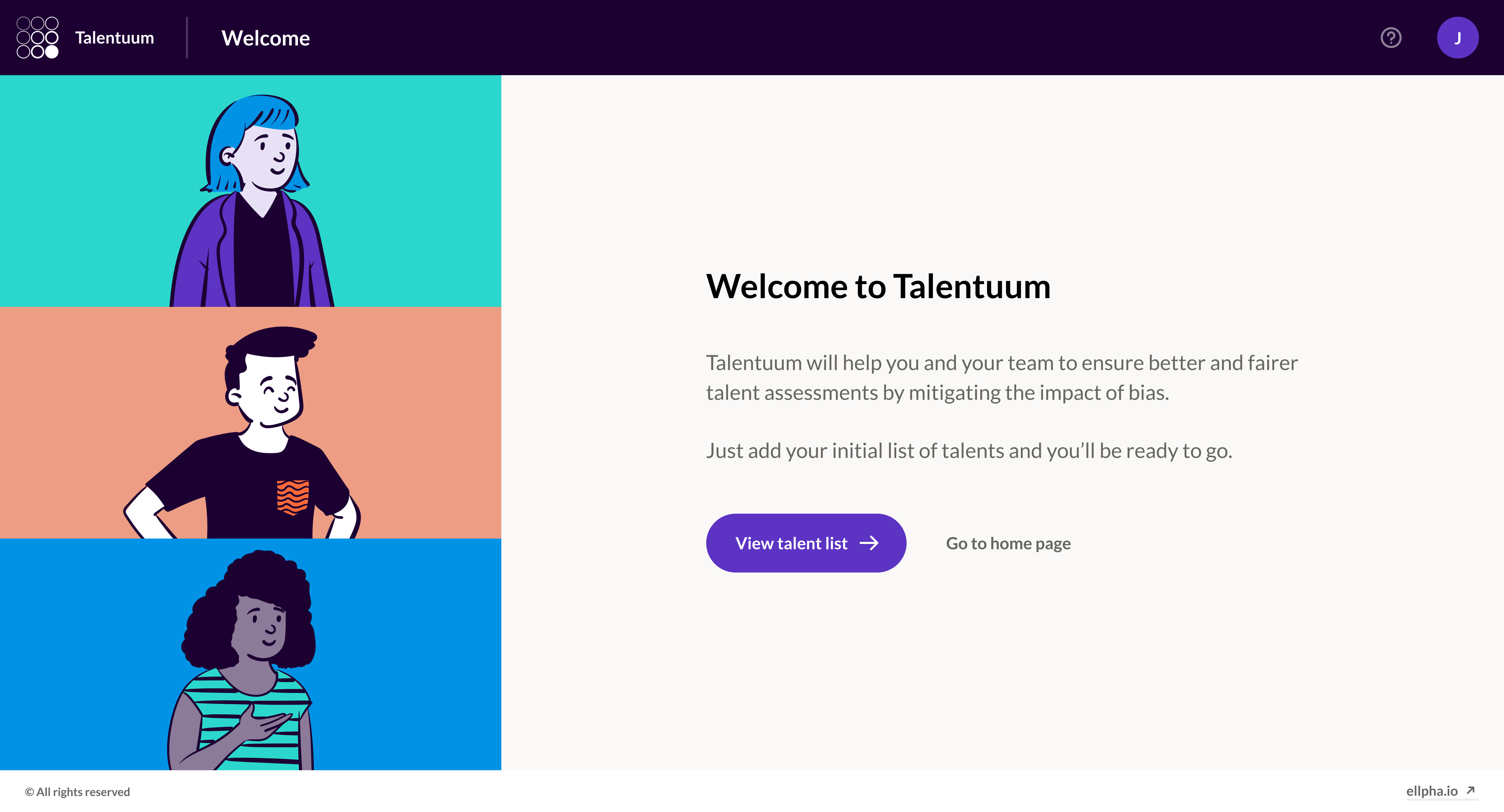 final UI screen 1 - 'welcome to Talentuum'